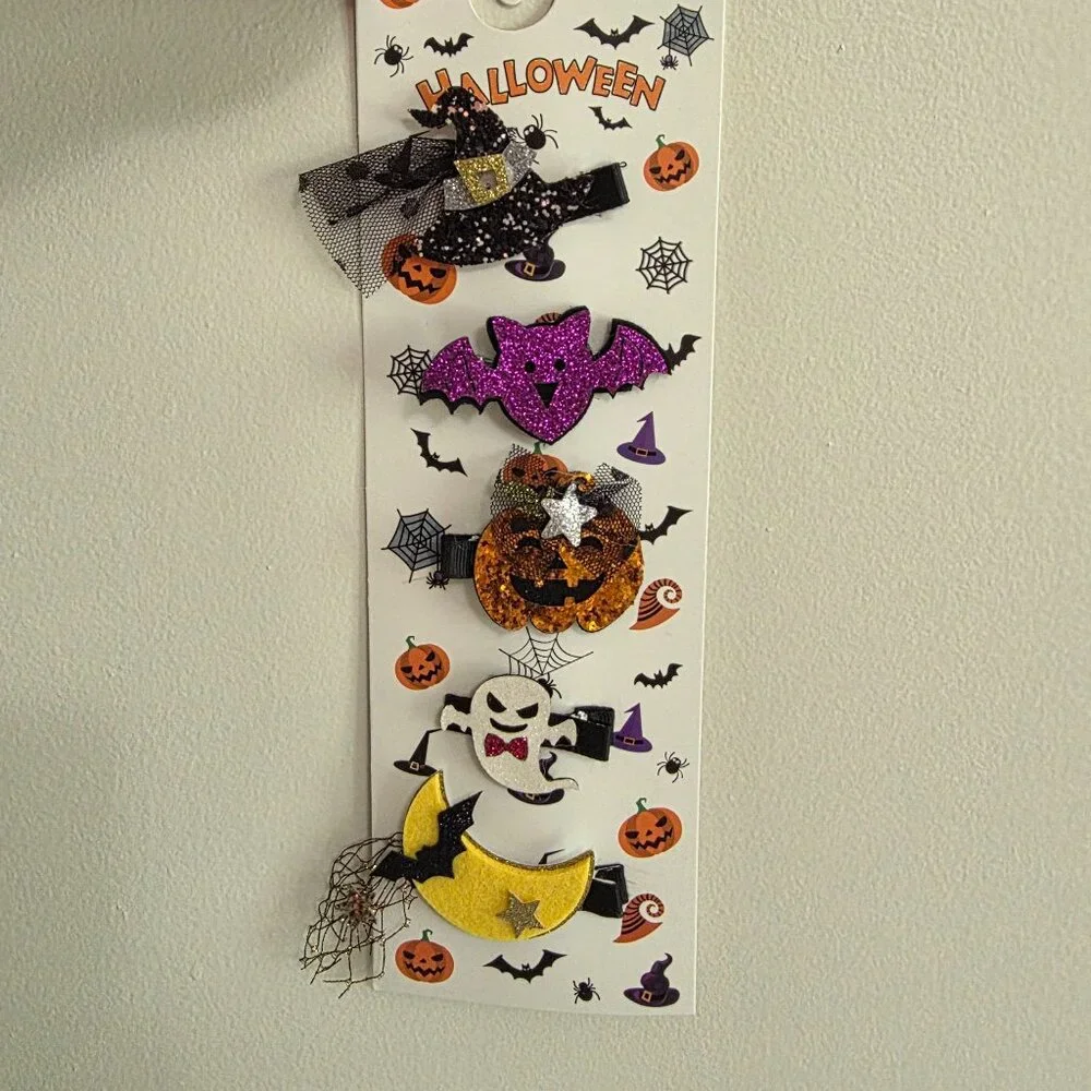 Girls Cute Halloween Hair Clips | 3D Glitter Pinch Clip | Set of 5 | NEW